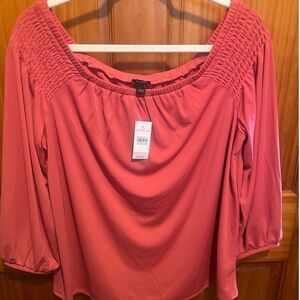 Ann Taylor Coral Pink Smocked Shoulder Blouse Long Sleeve Elegant Top L NEW‎